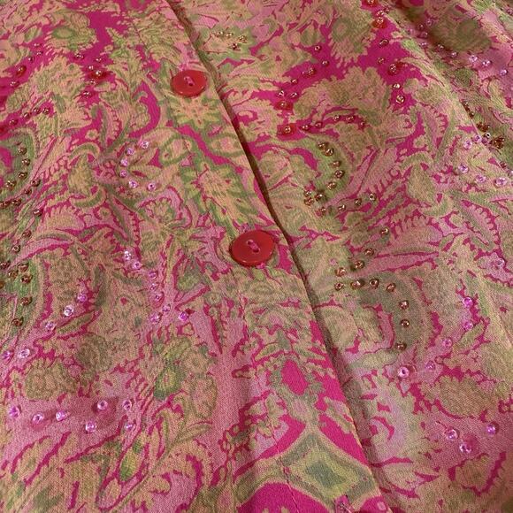 Vintage Y2K ICE Silk Paisley Beaded Ruffle Fairy Button Front Blouse Pink Wms XL - Picture 7 of 13